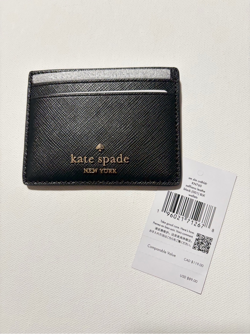 kate spade black Saffiano Leather Card Holder with Gold Logo